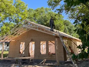 Roof truss installation at DRAT House #2 in Holden, Missouri