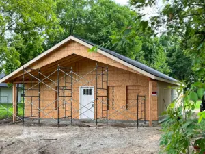 Front porch framing and wall sheathing at DRAT House #2 in Holden, Missouri
