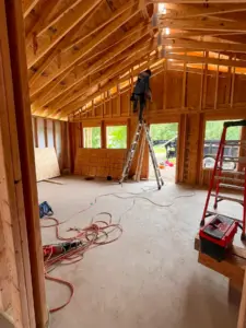 Open living area framing at DRAT House #2 in Holden, Missouri